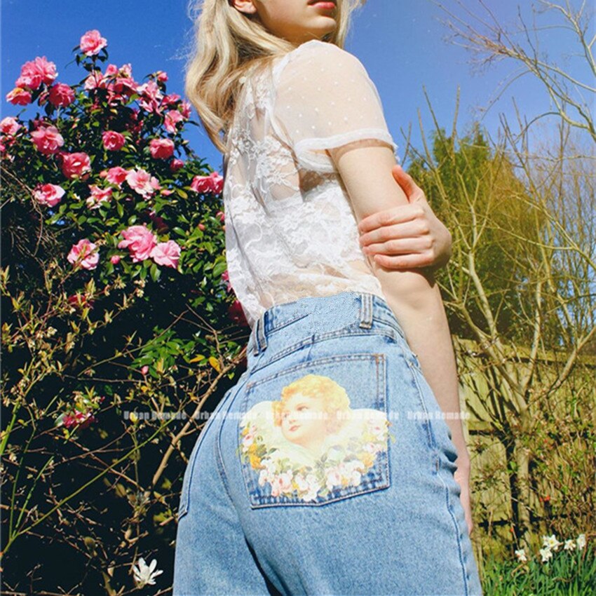 Retro denim løse mom jeans  y2k bukser lomme engel print baby blå høy midje bukser dame pantalon