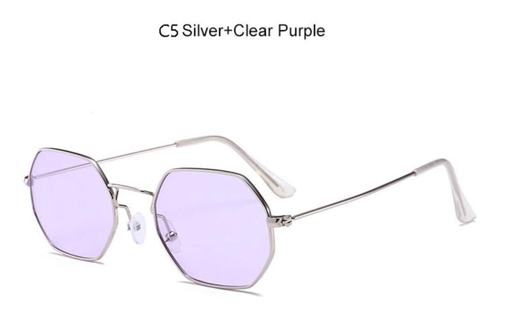 90's hexagon zonnebril vrouwen classic Platte Lens Clear Zonnebril mannen mannelijke retro kleine metalen frame zonnebril vierkante glazen: C5 Silver Purple