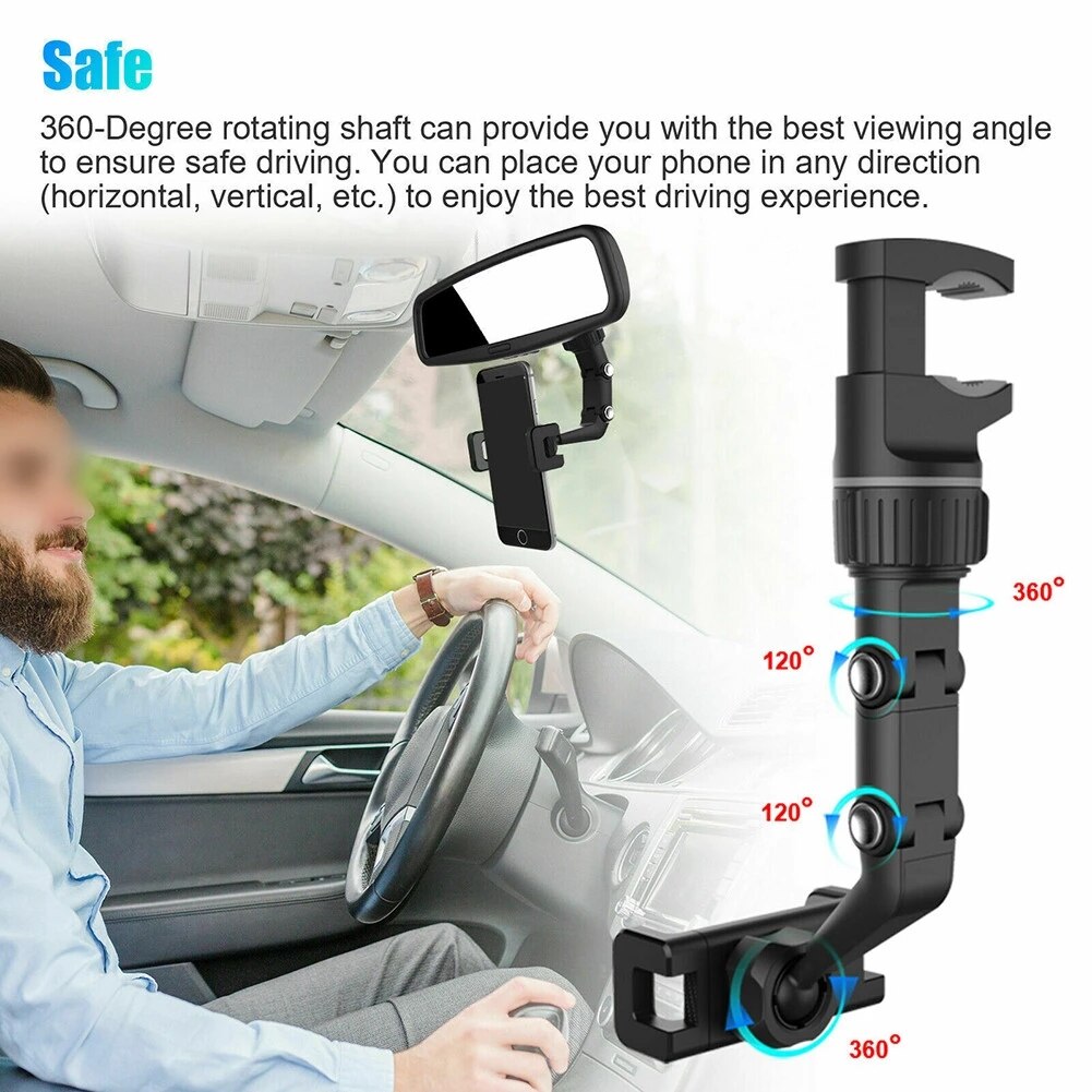 Car Phone Holder Multifunctional 360 Degree Rotatable Auto Rearview Mirror Seat Hanging Clip Bracket Cell Phone Holder for Car