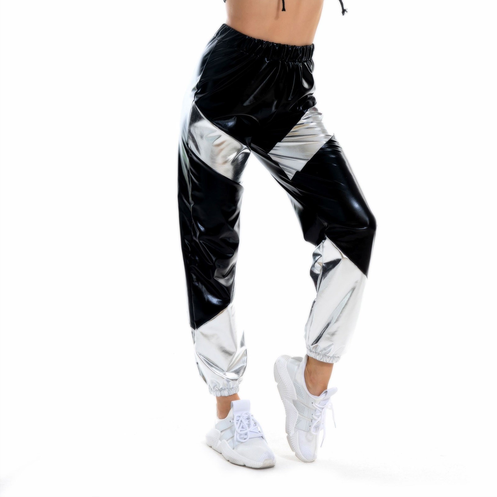 Metalliske skinnende damebukser holografisk natklub fritid gade hiphop fest patchwork rave outfits kvindelige lige bukser: S / Sort