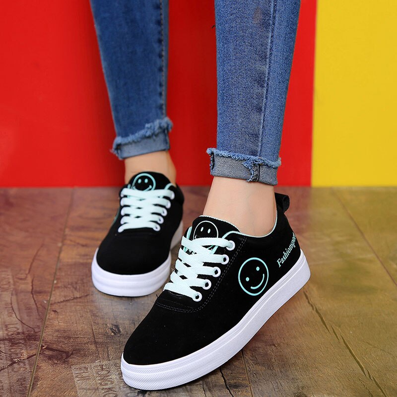 Vrouwen Canvas Schoenen Zomer/Herfst Flats Vrouwen Schoenen Classic Lace Up Smiley Gezicht Wandelen Vrouwen Sneakers: Blauw / 38