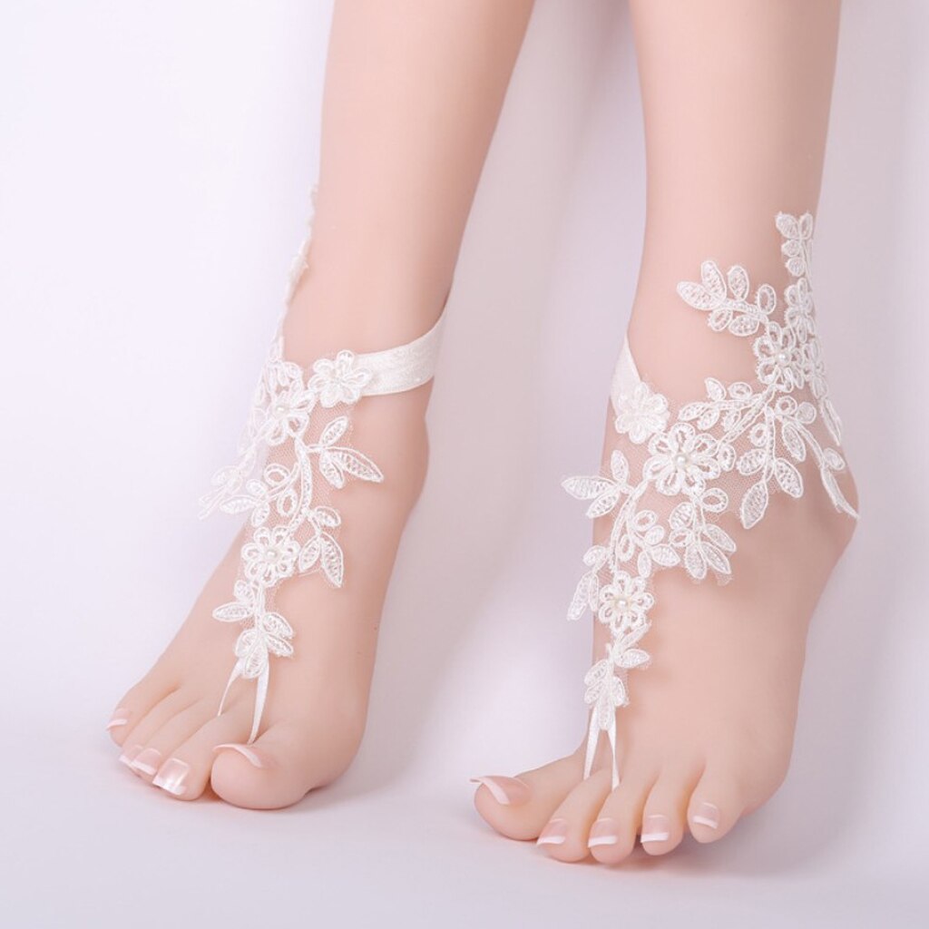 Luxe White Lace Vrouw Bridal Enkelbanden Bruiloft Barefoot Sandalen Schoenen Strand Voet Keten Accessoires