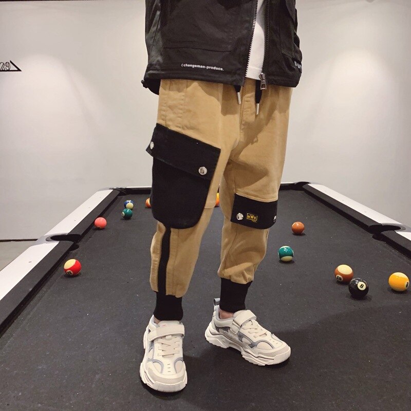 Hip Hop Boy Clothes Harem Pants Side Patchwork Khaki Trousers Kids Cargo Jogger Pants Children's Clothing Elastic Ankle Bottoms