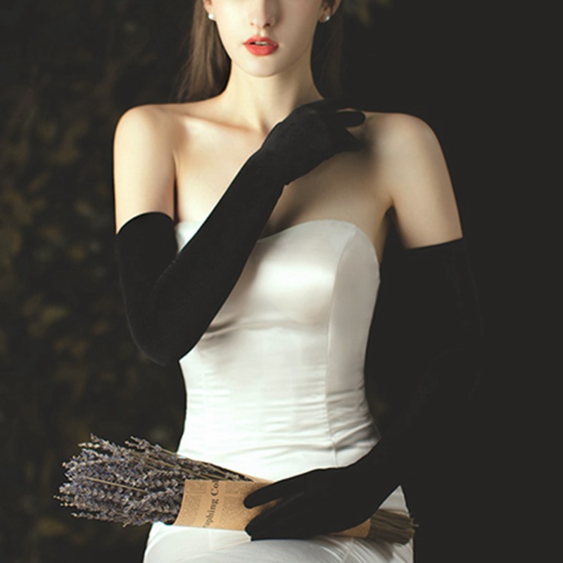 1 Pair Women Ladies 58cm Black Velvet Plain Satin Warm Thin Banquet Gloves Long Opera Flannel Dress Party Accessories KYY9038