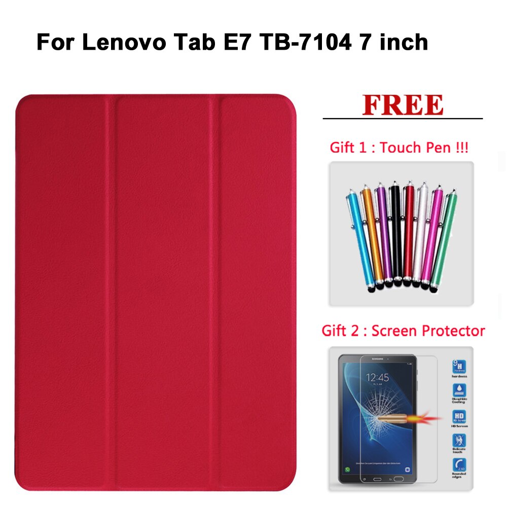 Free Screen Protector Glass +Case For Lenovo Tab E7 / E8 / E10 / M10 PU Leather Smart Magnetic Cover TB/X104F/7104F/8304F/X605F: Tab E7 hong