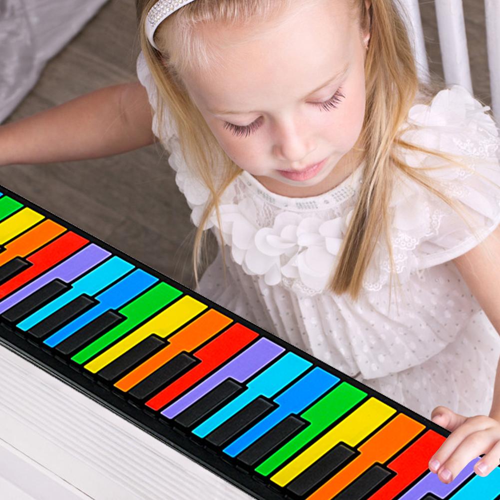 Roll Up Piano 49 Keys Silicone Portable Foldable Colorful Soft Keyboard Electronic Piano Rainbow Key Rechargable for Kids