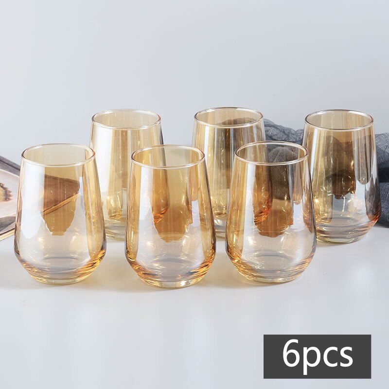 Gobelet à eau en verre, artisanal rond, plaqué or, verre à vin, grande capacité, verres à jus, whisky, Vodka, pour Bar et Restaurant: 6PCS 360ML