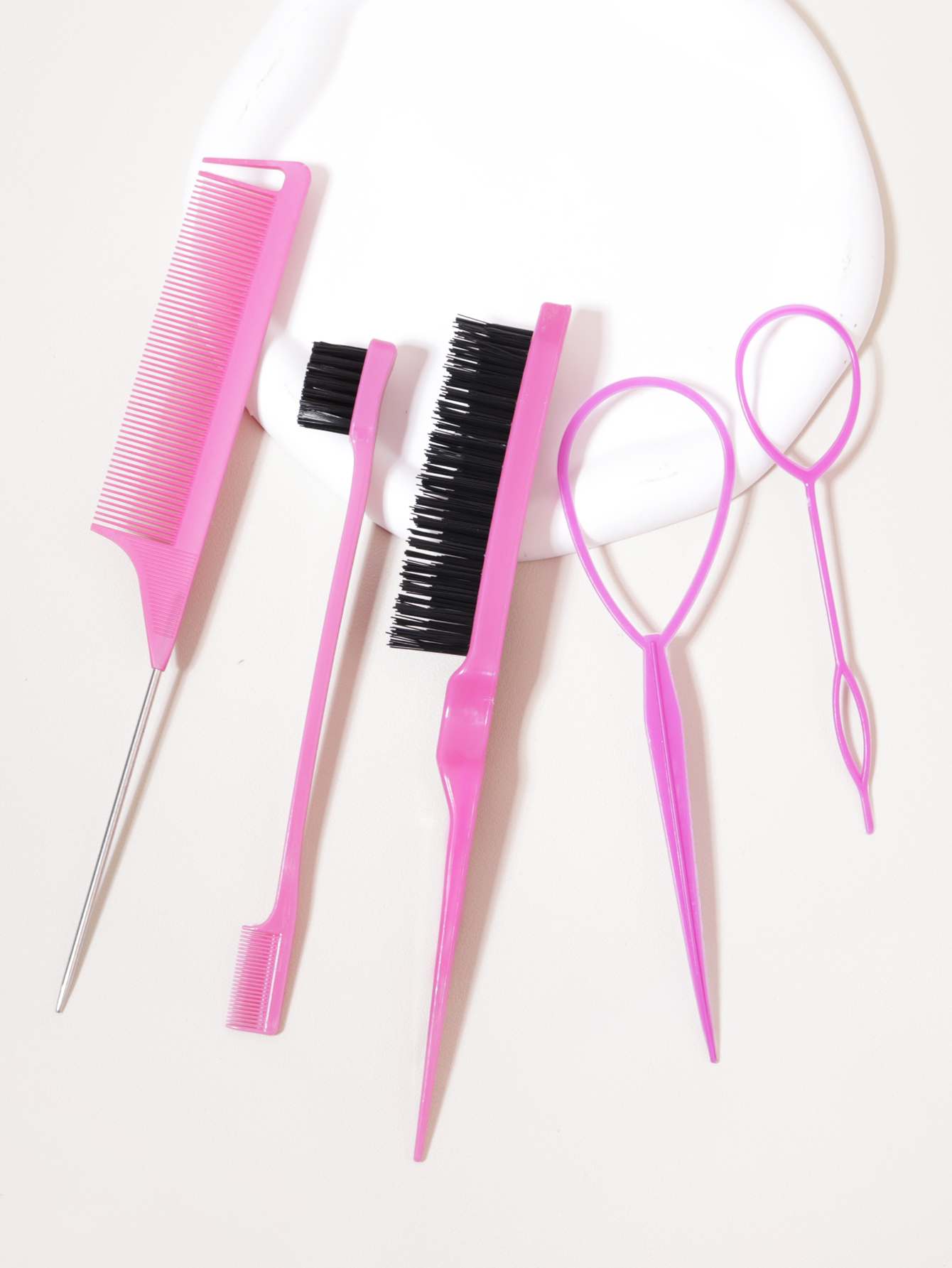 Haarborstel en vlechtenset, 5 stks/set, scheurkamborstel, randborstel, vlechtgereedschap, haarvlechtgereedschap, geschikt voor dames en heren: Donker Roze