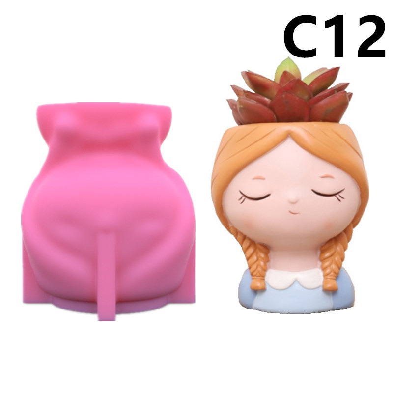 Sweet Girls Clay Flowerpot Silicone Mold Art Sculpture Flower Pot Concrete Cement Resin Molds Pen Storage Box Making Mould: C12