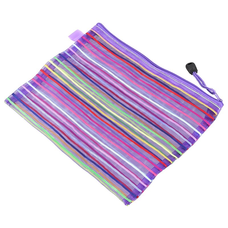 A5 Nylon Stripe Zipper Closure Documents Mesh File Bag - Purple