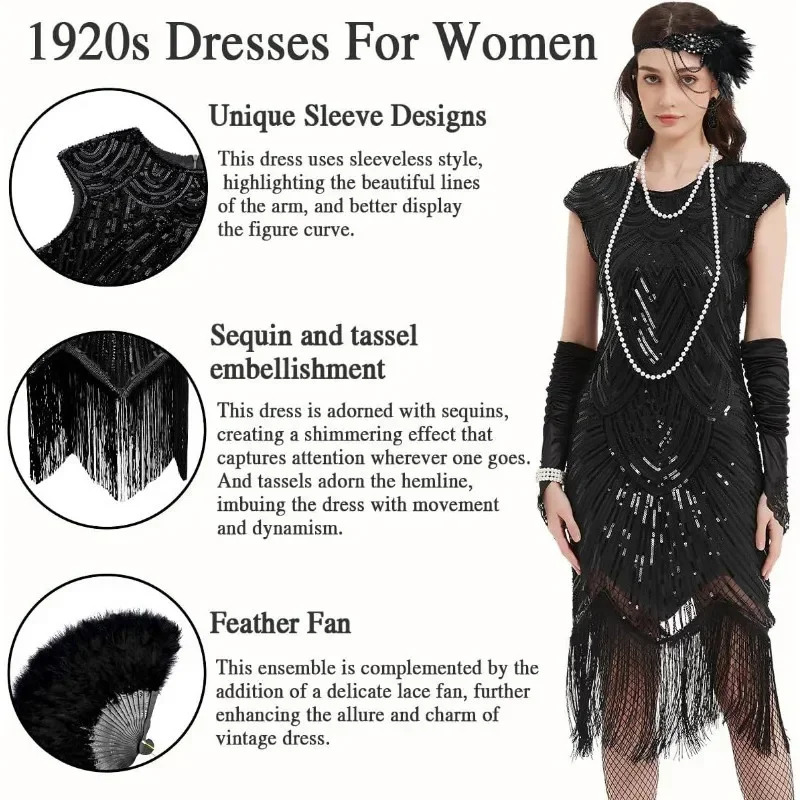 Flapper-Kleider für Damen, 1920er-Jahre, Pailletten, Fransen, Perlen, Cocktailkleid mit Rundhalsausschnitt, Roaring 20er-Jahre-Accessoires, Vintage-Spitzenkleid