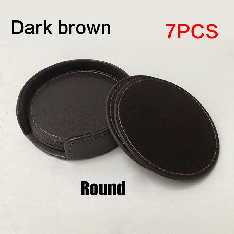 7 stk lær koppematter pu lær drikke dalbane sett holder cupcoaster sklisikker rund kaffekopp matte sett svart bordplate: 13