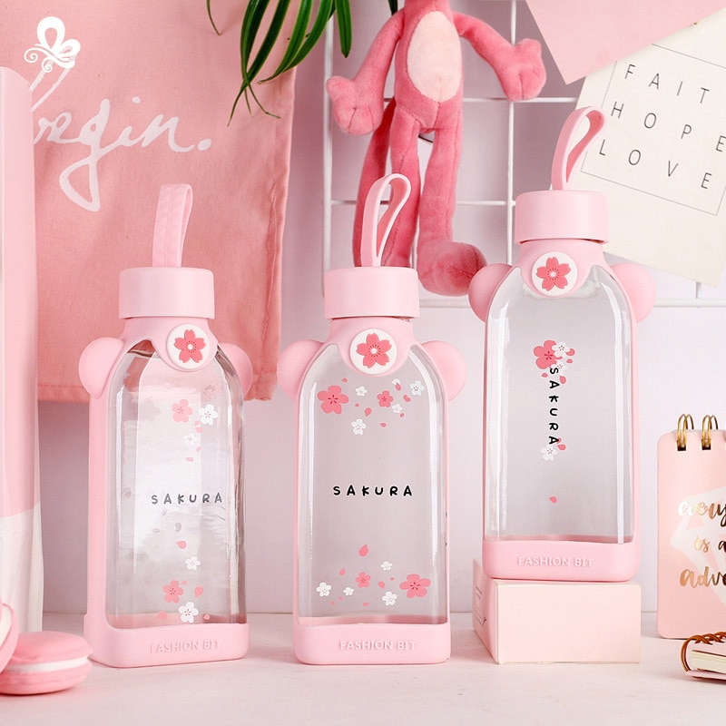 Neue Nette Glas Flasche Kreative Karikatur Rosa Kirschblüte Glas Wasser Tasse Mit Silikon Abdeckung Für Frauen Mädchen Trinken Flaschen