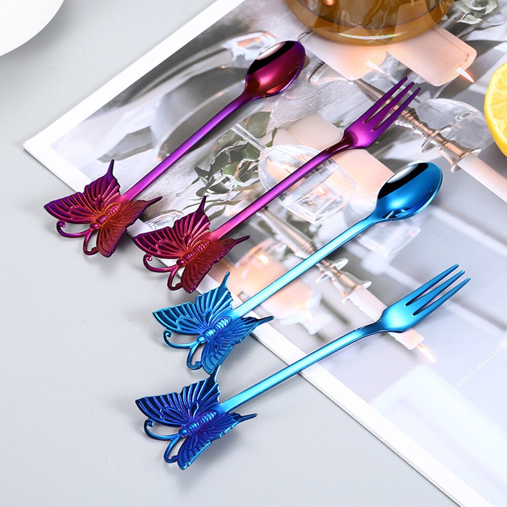 Dessert Cake Fork Stainless Steel Coffee Spoon Butterfly Fruit Fork Milk Shake Spoon Reusable Spoon Smoothie Spoon