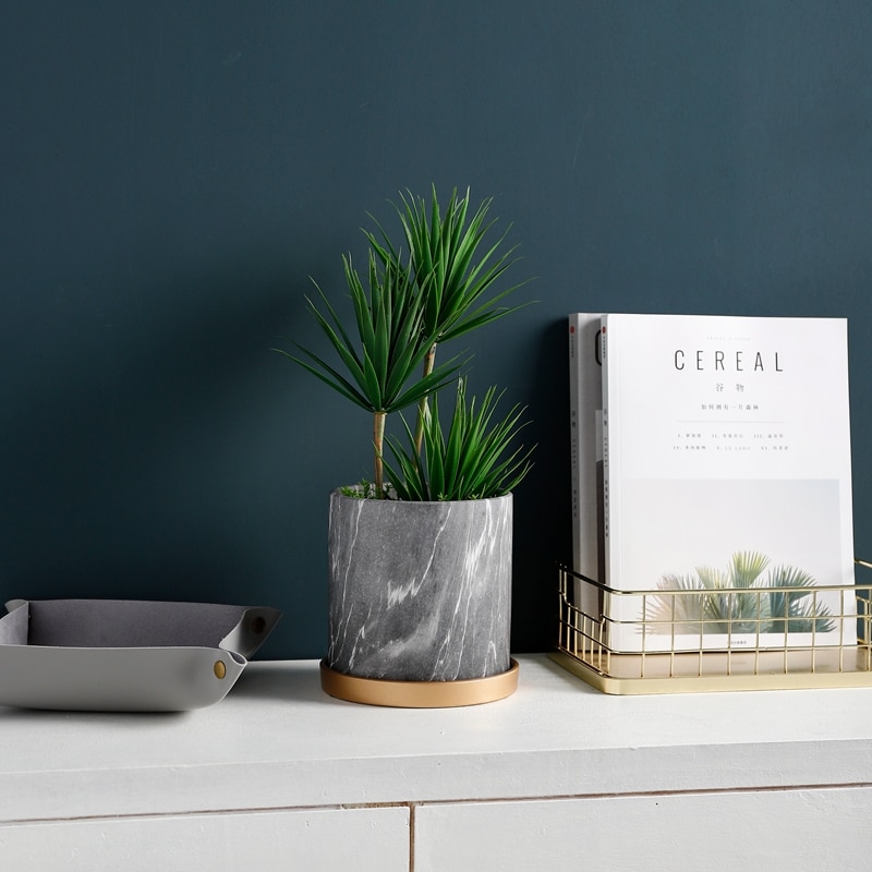 Black Marble Texture Flower Pots Planters Ceramic Vase Garden Pots Pen Holder Dest Top Decor