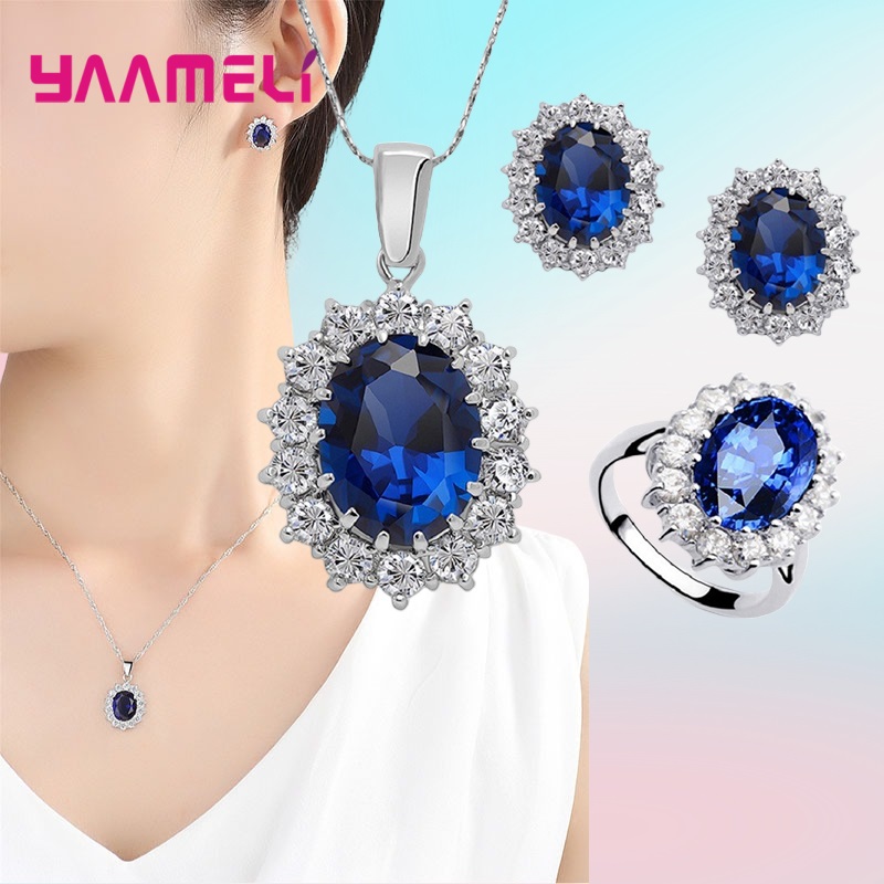 Conjuntos de joyas de plata de ley 100% auténtica para mujer, joyería de compromiso de boda, clásico de flores ovaladas, cristal de circonita cúbica brillante 925