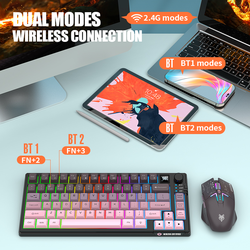 Bezprzewodowy zestaw klawiatur Nexusclick K920 z ekranem Klawiatura do gier Bluetooth Podwójne połączenie Trybowe łączenie wielu urządzeń, ergonomiczne