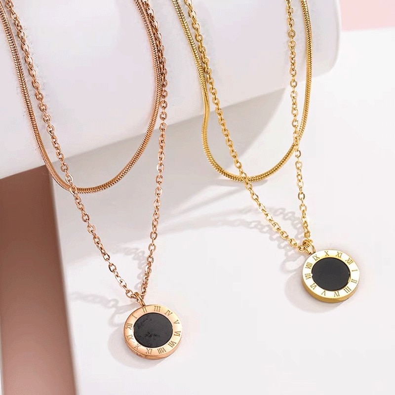 316L Stainless Steel Upscale Jewelry 2 Layer Round Roman Numerals Charms Chain Choker Necklaces Pendants For Women