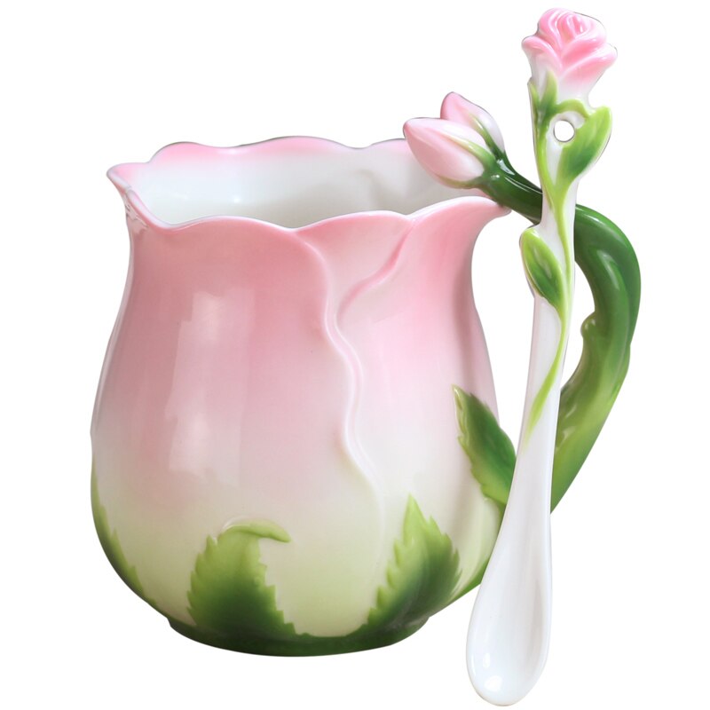 Creatieve Europese Bone China Kopje Koffie Luxe Mooie Roze Thee Cup Met Lepel Rose Engels Koffie Mok 320Ml Emaille porselein Cup