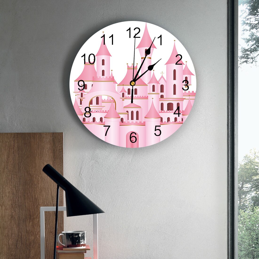 Pink Cartoon CastleWall Clock Home Decor Bedroom Silent Wall Digital Clock Wall Clock Modern