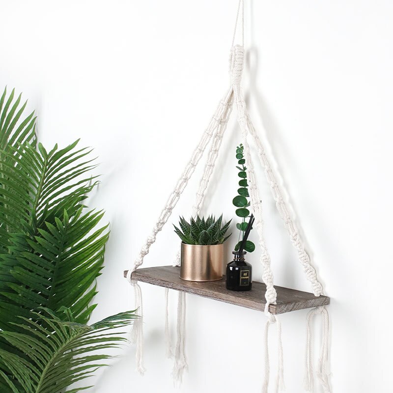 Macrame Hanging Planter Basket Wall Handmade Plant Hanger Pot Tassel Wooden Shelf Tapestry Apartment Dorm Room Decoration: Olive Brown