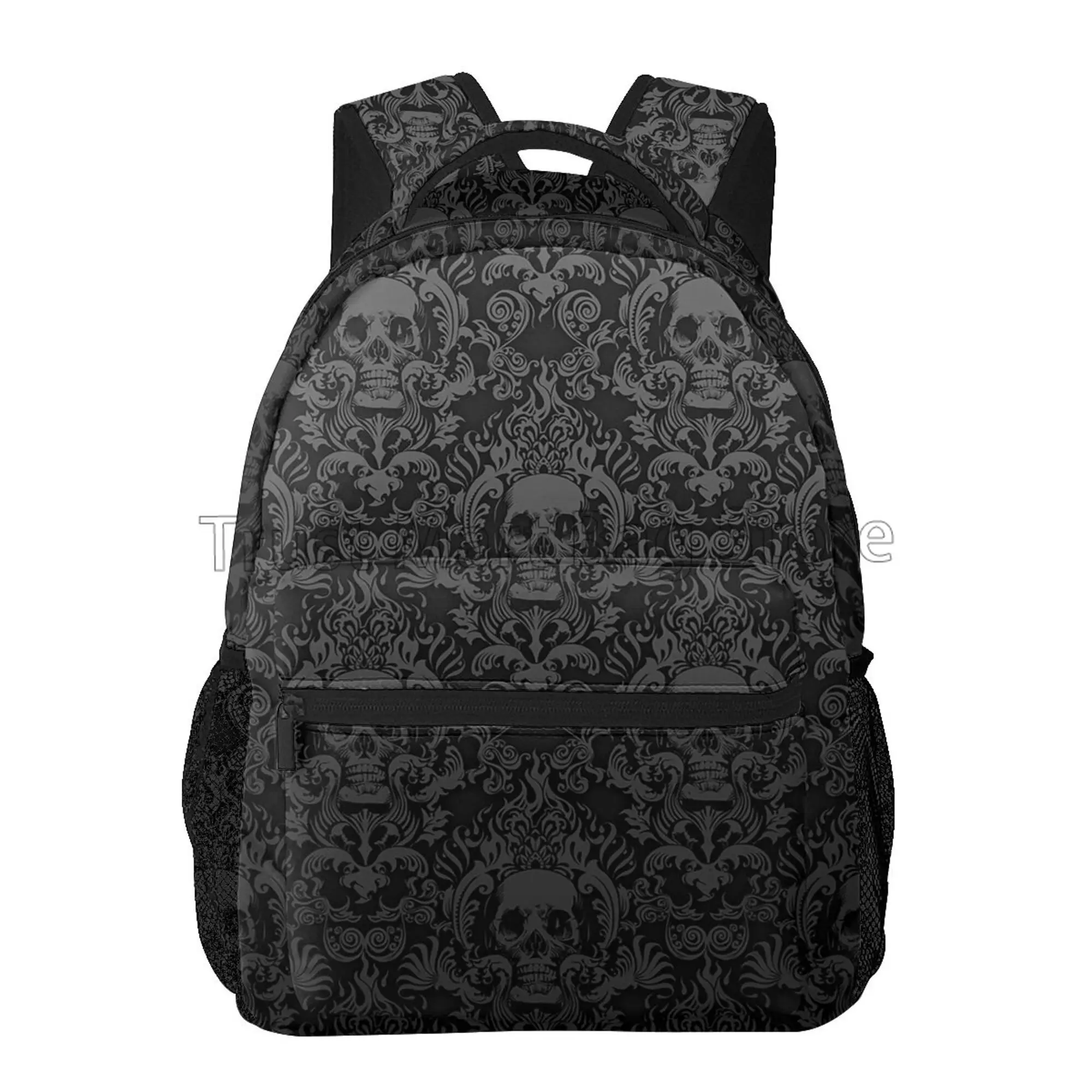 Mochila gótica con de calavera negra de Damasco, mochilas informales Unisex para ordenador portátil, mochila escolar, mochila de viaje para senderismo y acampada