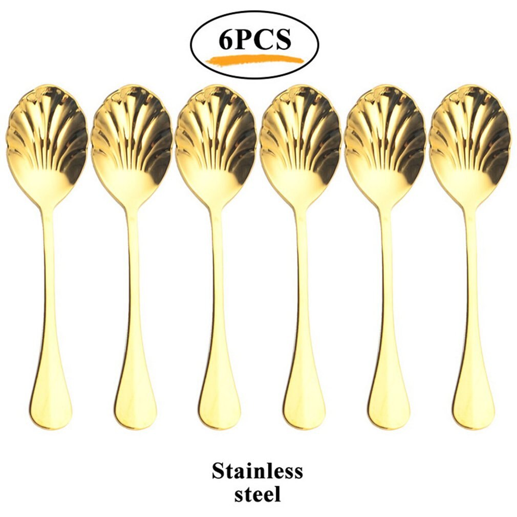 6Pcs Shell Shape Stainless Steel Teaspoons Coffee Spoons Ice Cream Sugar Dessert Spoons Colorful Rainbow Spoons for Kitchen Bar: Silver