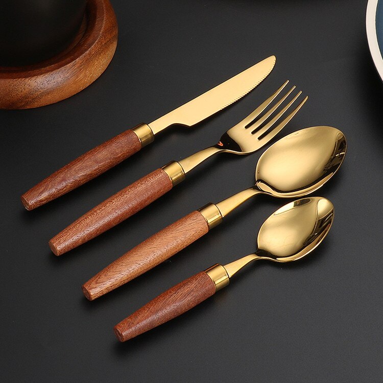 Fypo Stainless Steel Cutlery Set Wooden handle Dinnerware Set Knife Fork Spoon Tableware Flatware Kitchenware Kitchen utensil: Burgundy