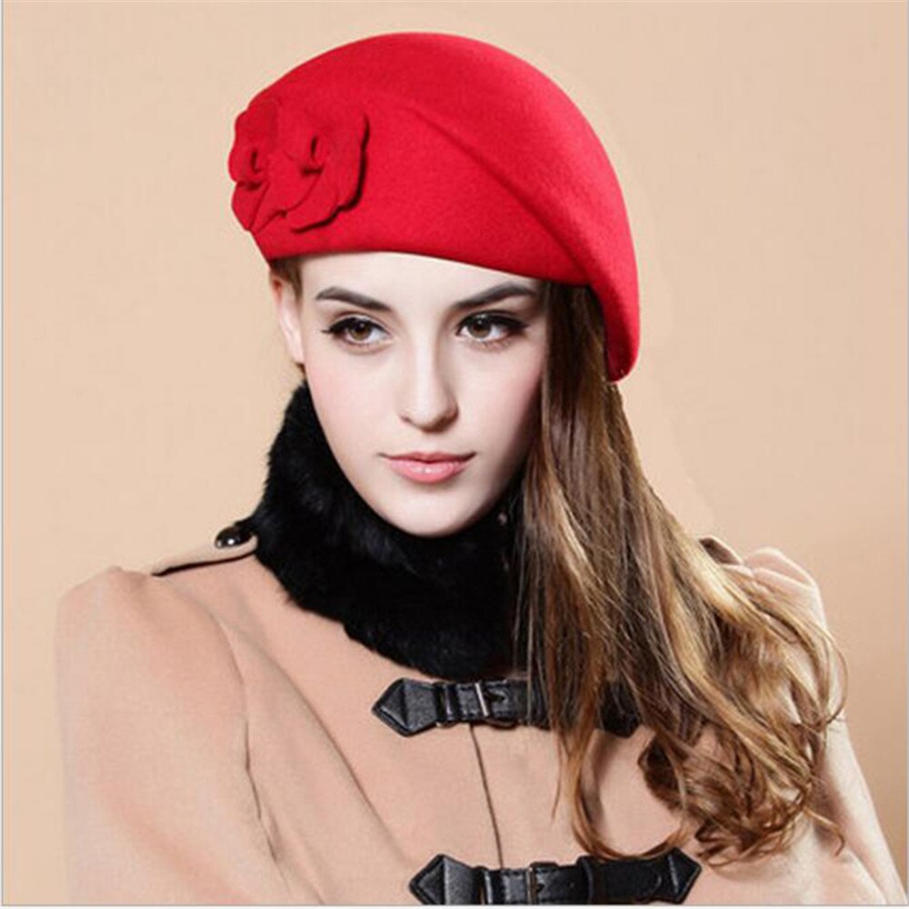 Female Beret Hat For Women Beanie Female Cap Flower French Trilby Wool Soft Stewardess Hat Gorras Planas Winter