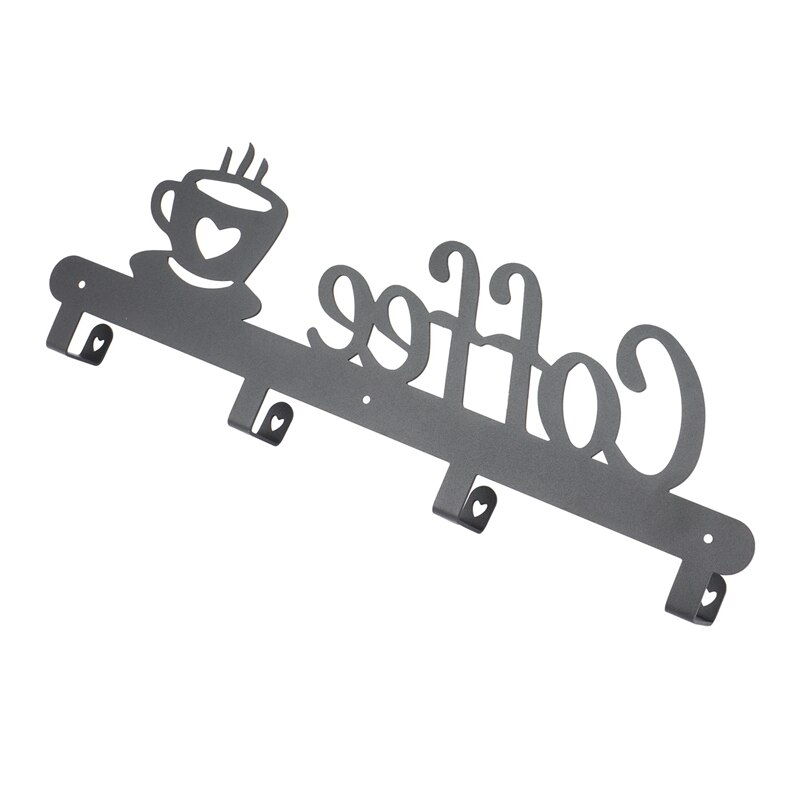 Metal Coffee Mug Holder, Wall Mounted Coffee Cup Rack With Coffee Sign, 4 Hooks Art Metal Cup Hanging Decor