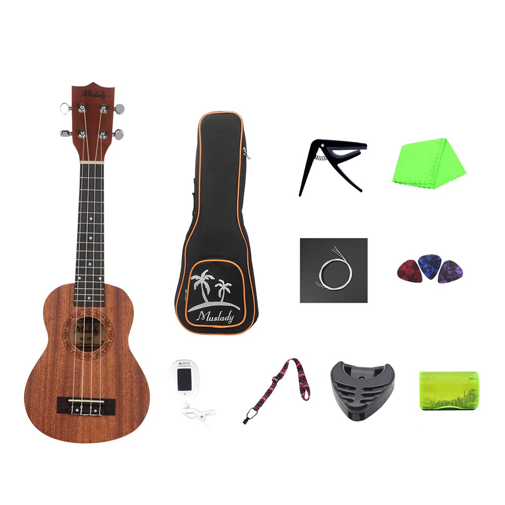 Muslady 21 Inch Ukulele Soprano Ukelele Mahogany Wood Guitar Musical Instruments Set Kits+Tuner+String+Strap+Bag