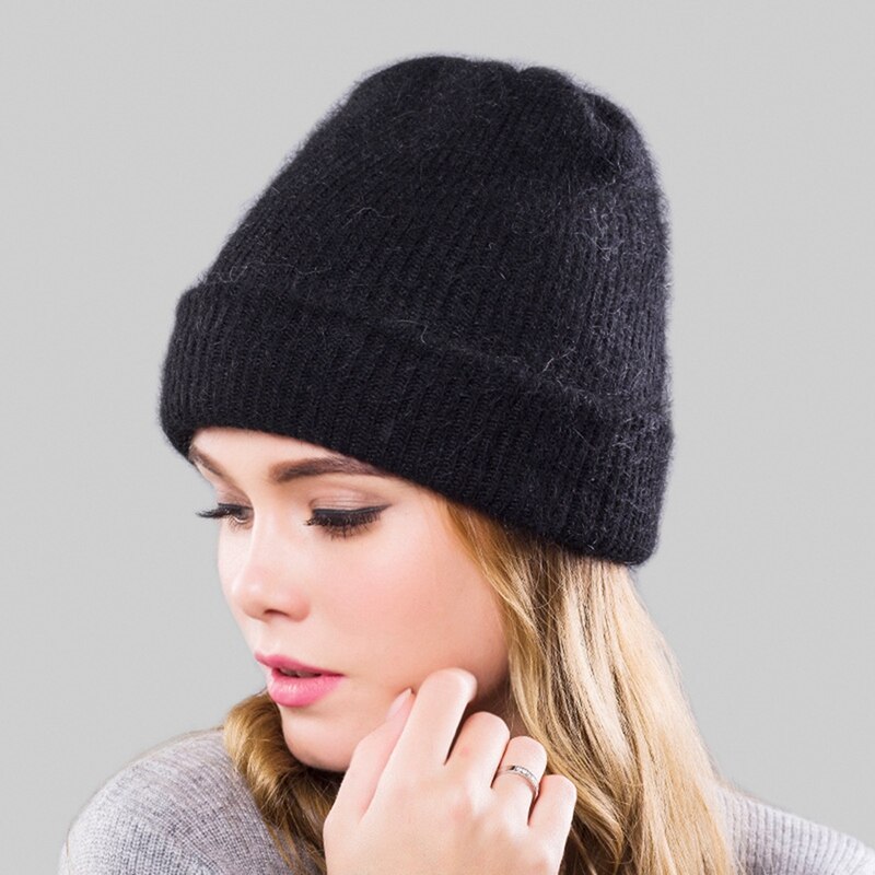 Vinter kvinders angola uld strikket hat varm uld beanie udendørs sport toppede cap uld cap: Sort