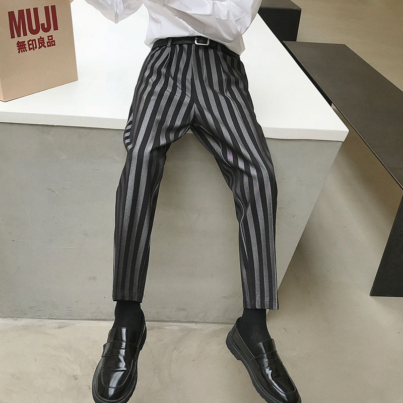 Koreanska randiga kostymbyxor herr slimmade business casual dress byxor herr samhället vilda lösa raka breda ben byxor herr