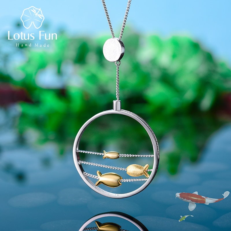 Lotus Fun Real 925 Sterling Silver Handmade Fine Jewelry Cute Moving Happy Fishes Pendant without Necklace for Women