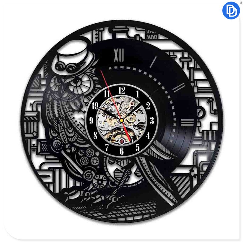 Steampunk klok uil monteur tandwielen vinyl wandklok retro gotische vintage decoratie