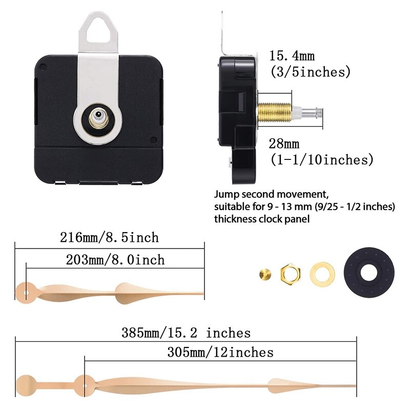 High Torque Long Shaft Clock Movement Mechanism with 12 Inch Long Spade Hands (Gold)