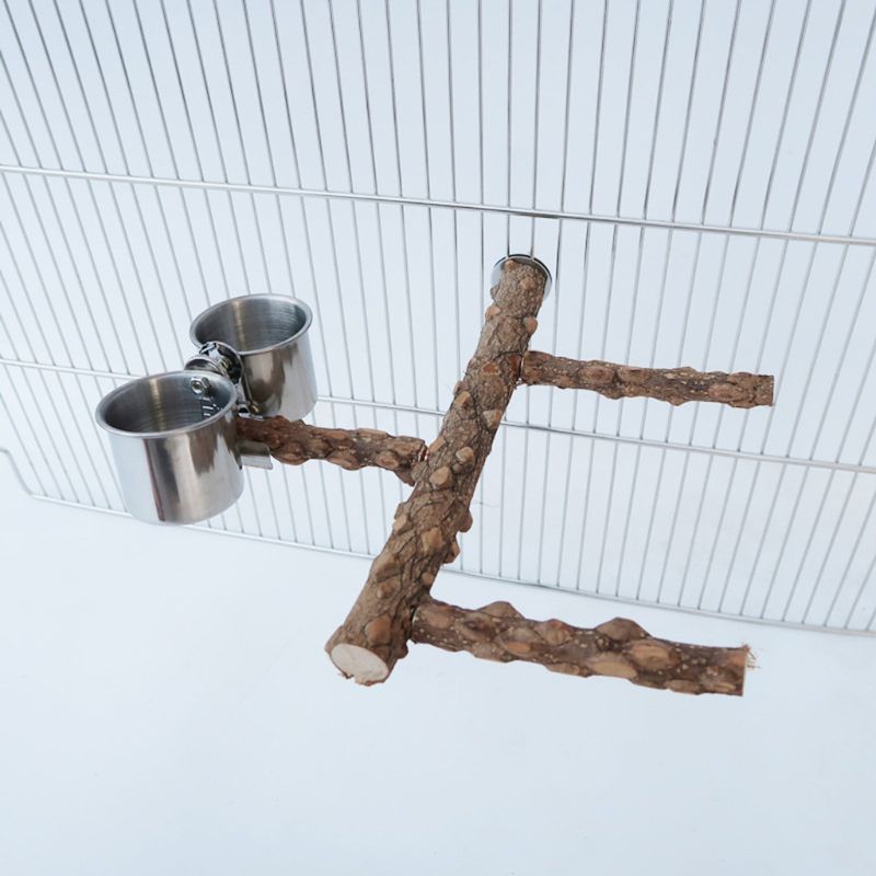 Percha de loro de madera natural espinoso soporte para pájaros taza de alimentación plataforma de palo de molienda
