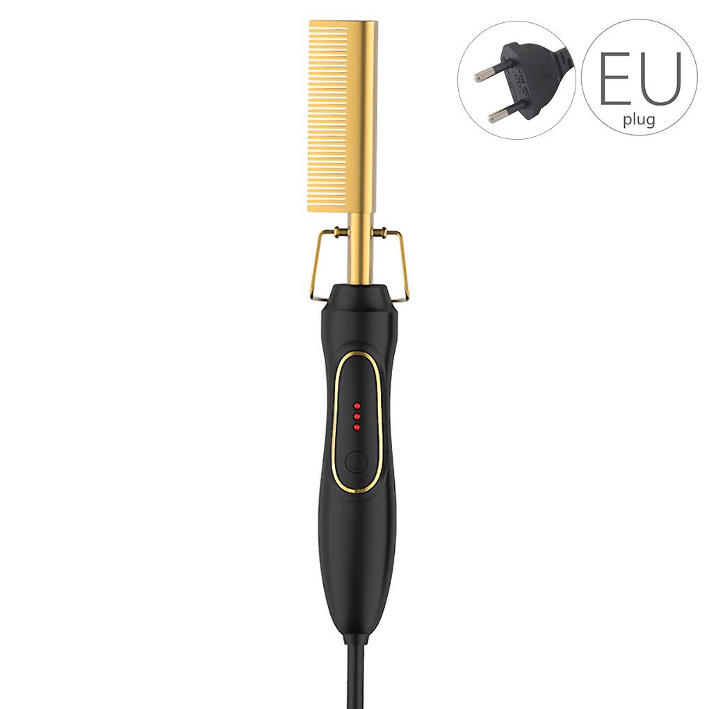 Multifunction Hair Straightener Flat Irons Wet Dry Use Brush Comb Heating Hair Straight Styler Curling Iron Hair Curler Comb: EU Plug Gold