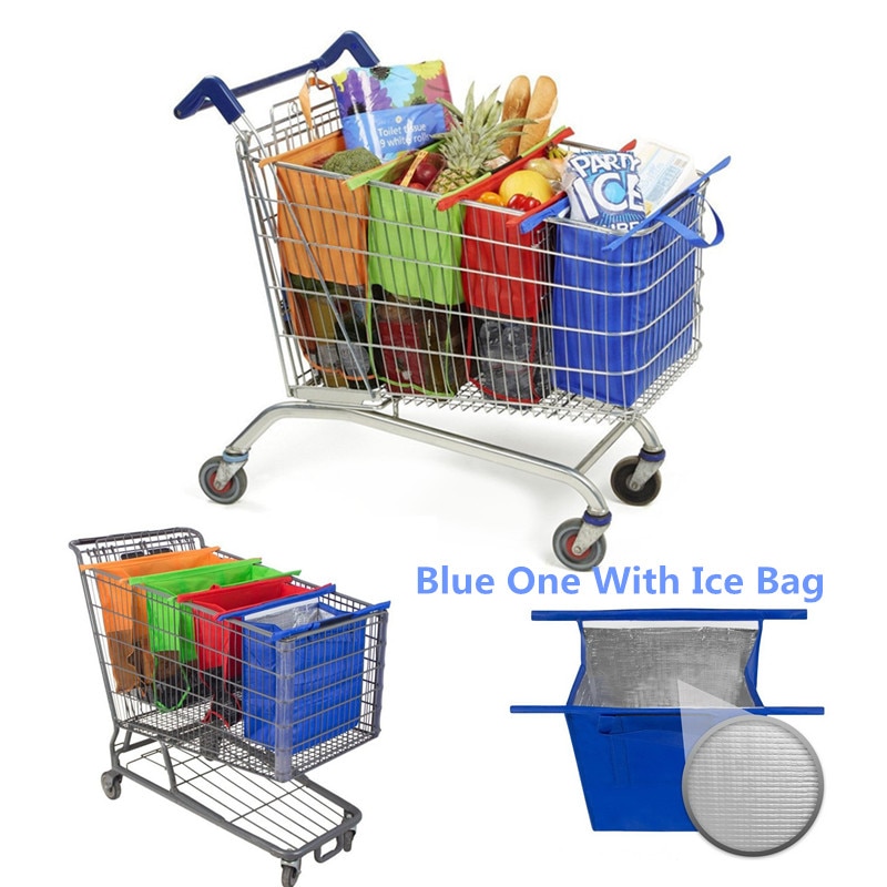 4 stk / sæt vogn trolley supermarked indkøbspose købmand tag indkøbsposer foldbar tote miljøvenlig genanvendelig supermarked poser