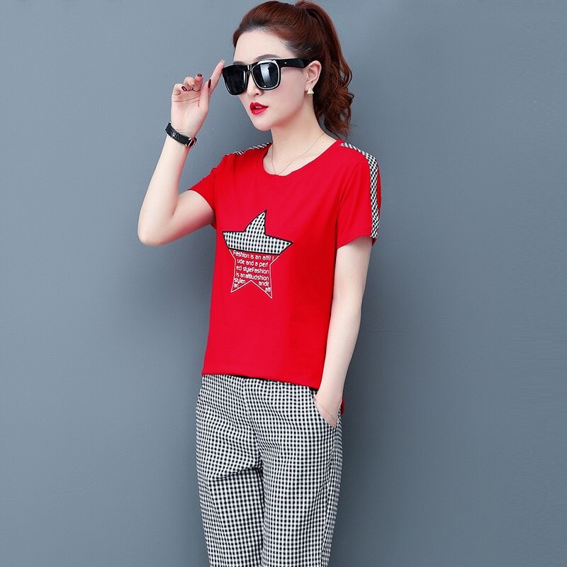 Summer Casual Tracksuit Pant Sets 2 Piece Set Women Short Sleeve T-shirt And Plaid Pants Suits