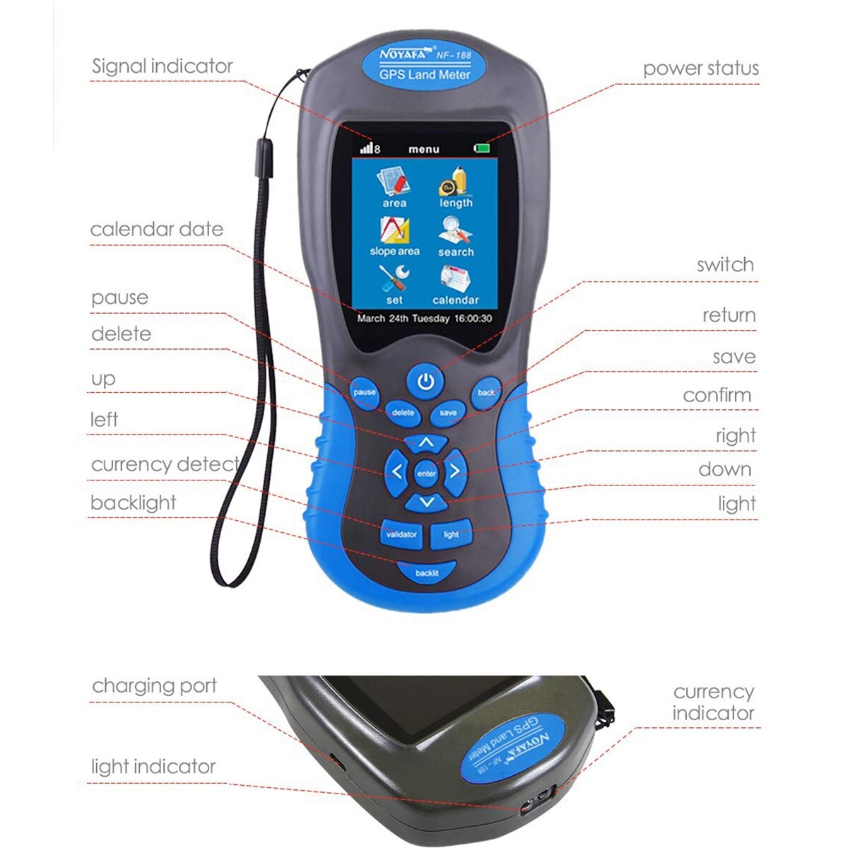 Noyafa nf -188 gps landmeter enhver jordplads og omkreds kan måles udendørs måleområde værktøj 0-999999.9 m eu stik