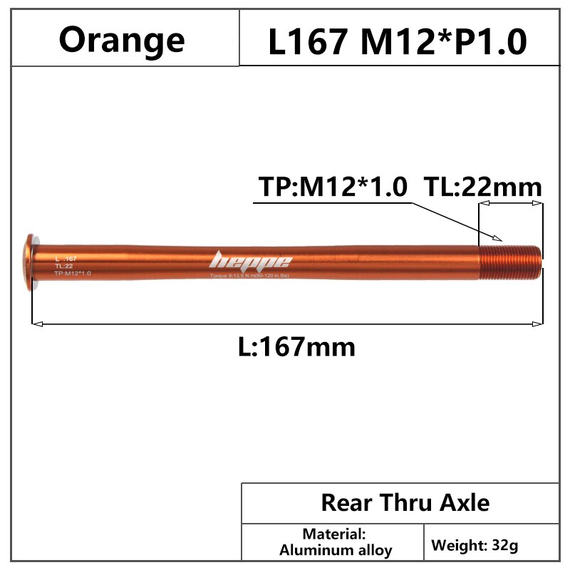 HEPPE-eje pasante para bicicleta de montaña, brochetas de eje trasero, 12x142, 12x148, liberación rápida, 167mm, M12xP1.0, multicolor: Orange Color