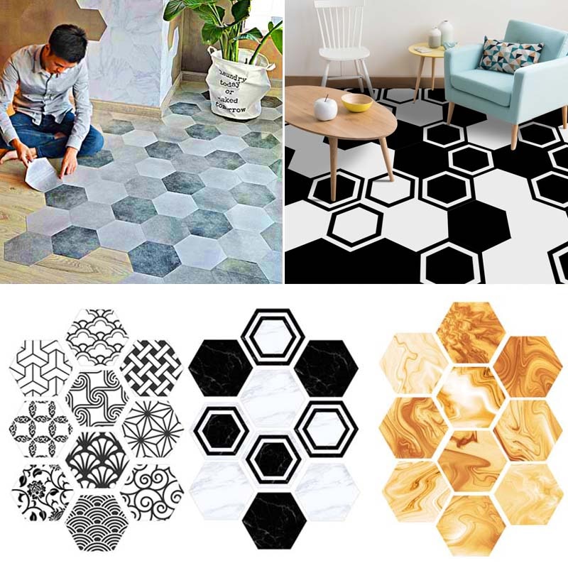 10pcs/set Imitation Marble Hexagonal Tile Stickers Bathroom Kitchen DIY Home Nonslip Floor Tiles Stickers