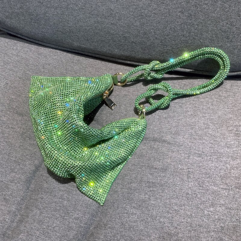 Trendy Volledige Zilveren Strass Onderarm Zak Zachte Inner Casual Fold Mode Schouder Knoop Handtas Partij Clutch: green