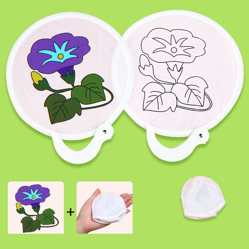 24cm foldbare bære-diy graffiti fan-legetøj til børn, der maler gammel rund vifte med stregudkast kunsthåndværk pige: Blomst