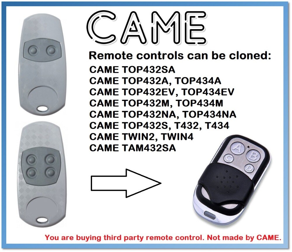 CAME TOP432EE, TOP 432EE TOP434E Universal Remote Control Duplicator 4-Channel 433.92MHz (only for 433.92mhz fixed code)