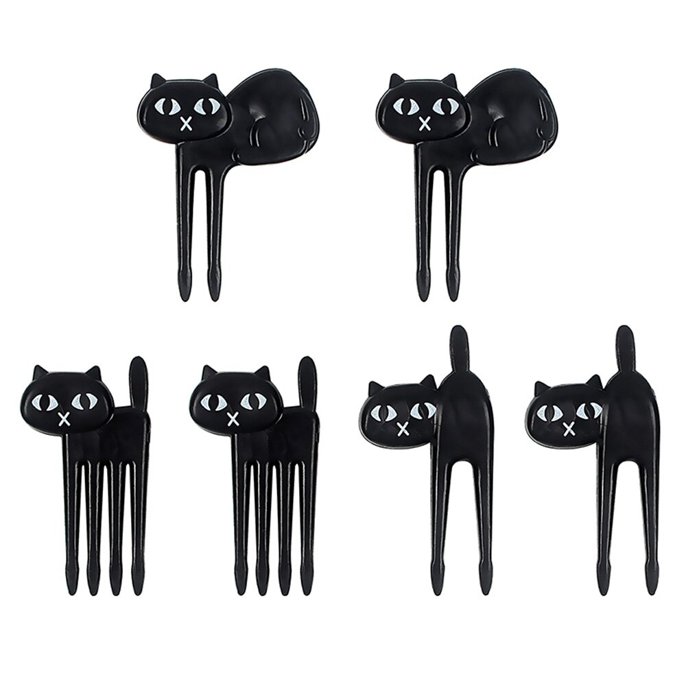 6 Pcs Mini Dier Vork Fruit Picks Leuke Cartoon Kat Kinderen Vork Bento Lunchbox Decor Accessoires Zwarte Kleur