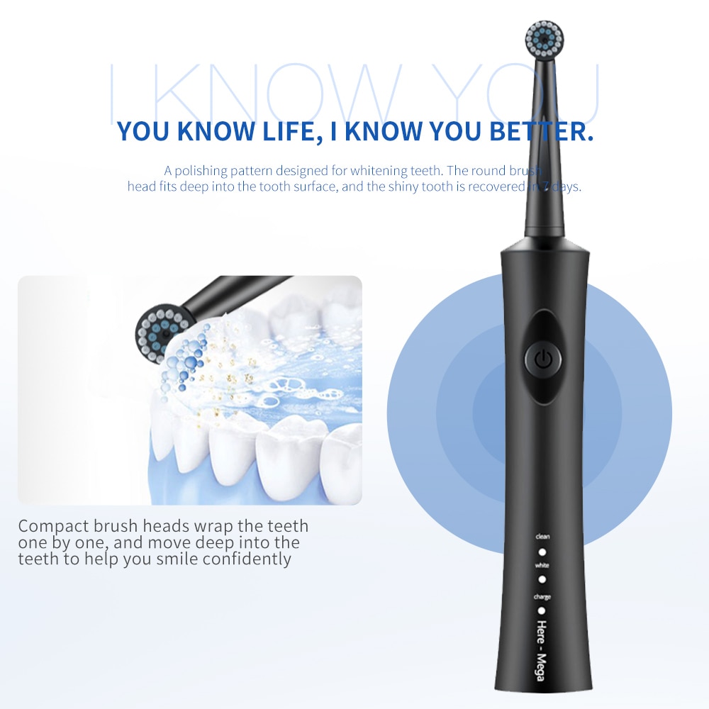 Here Mega Rotary Electric Toothbrush Adult Automatic Toothbrush USB Chargeable Replaceable Brush Heads Whitening Waterproof R02