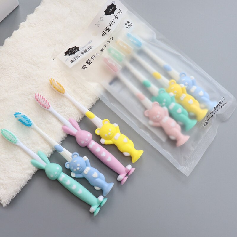 4Pcs/Set Cute Cartoon Kids Toothbrush Bamboo Charcoal Suction Base Soft Hair Children Toothbrush Kids Oral Care Supplies