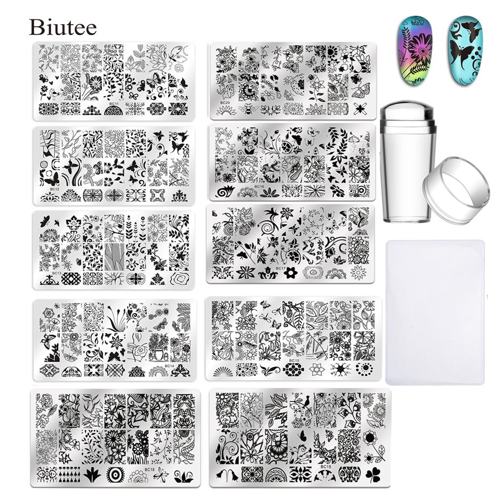 Biutee 10Pcs Nail Stamper Platen Bloem Dier Kant Glas Bufferfly Patroon Nail Art Plaat Stencil Roestvrij Steell Nail